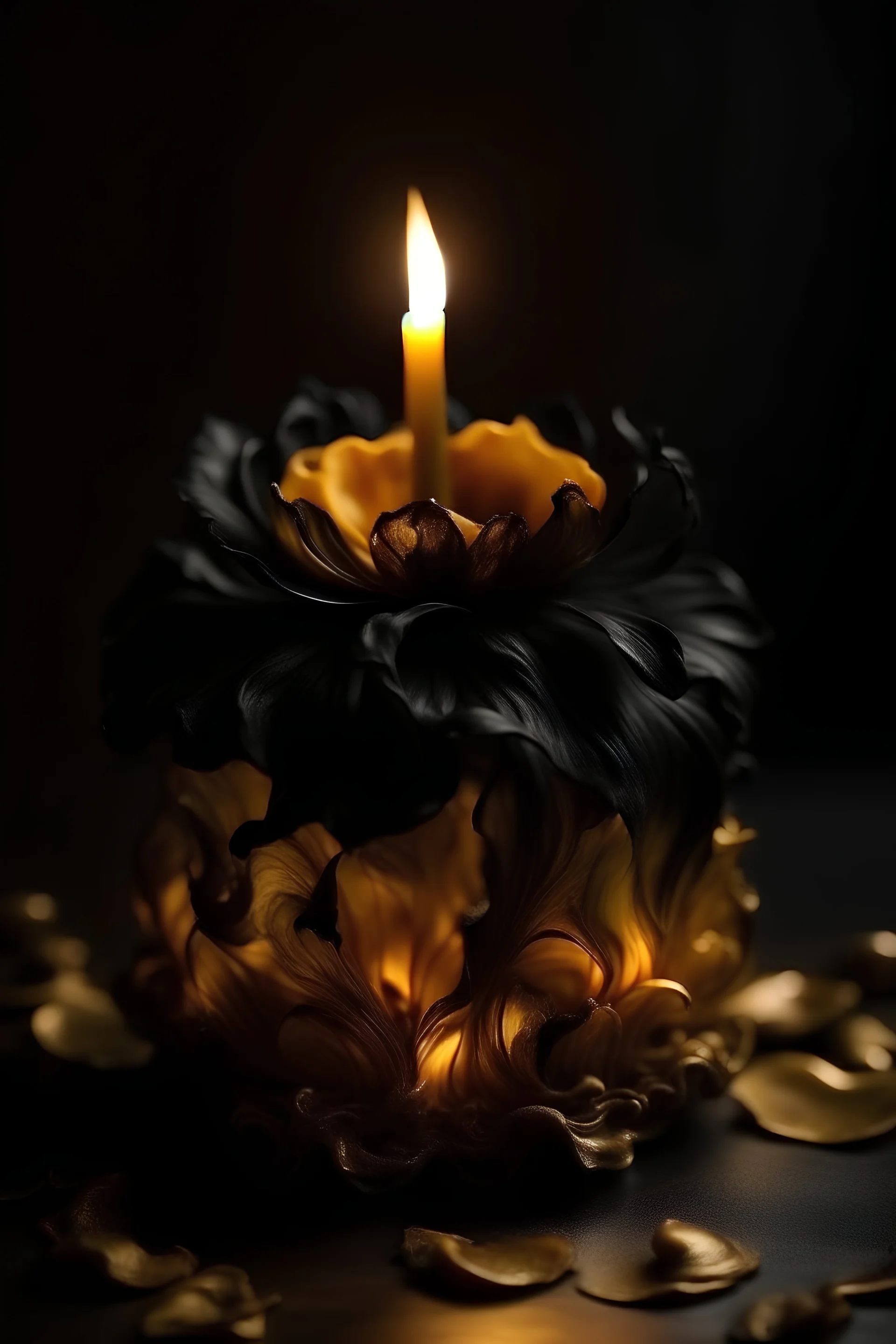 magic vintage candle made of whirlwinds, golden black, close-up, petals, realistic, botanical