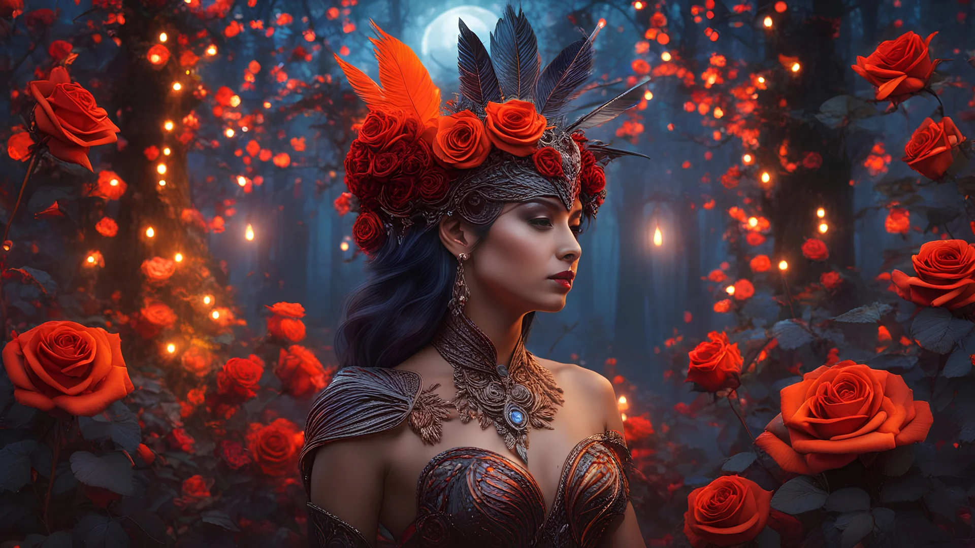 magical bird woman hybrid creature with feather headpiece in red orange rose forest, trees, roses, fairy lights, night, 8k, high quality, trending art, trending on artstation, sharp focus, studio photo, intricate details, highly detailed, by greg rutkowski