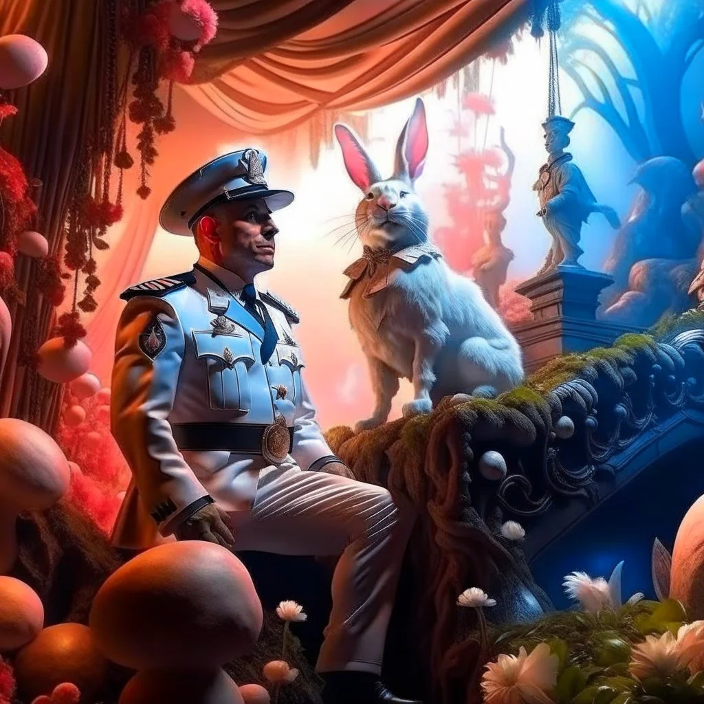 Broadway portrait of Mexican macho gestapo army officer on a ladder inside glowing mushroom grove with huge fluffy space rabbit, 4 k, down-light, soft light, depth of field, photo realism, trending on art station, high detail, spray paint