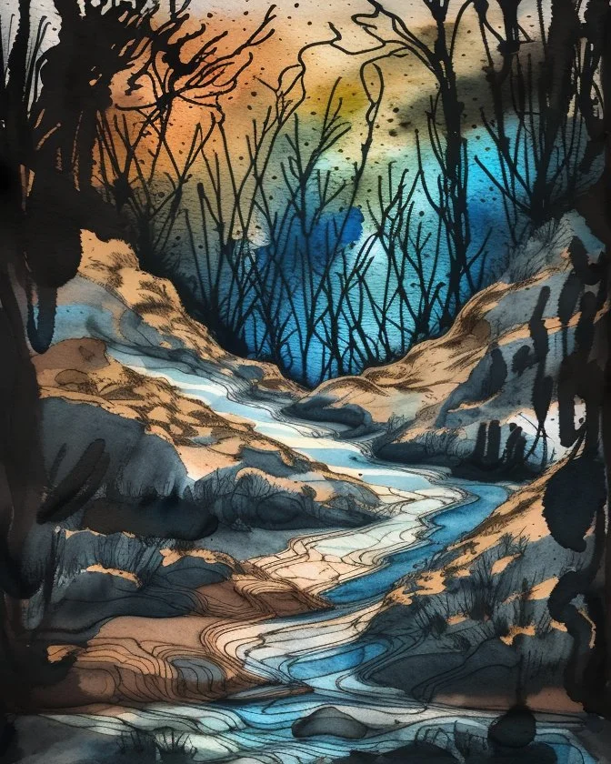 Perchance : Surreal, expressive nature sketch in a relaxed watercolor and ink style. Fast, shaky black ink contour lines with frequent breaks, intersections, and varying thickness. Watercolor washes of ochre, terracotta and powder blue are loosely applied, often deliberately misaligned with ink borders to create a sense of movement. Visible cold pressed paper texture and ample white space. Subject: forest detail, trees, undergrowth, stream with rocks, waterfall. Deep, atmospheric shadows in the