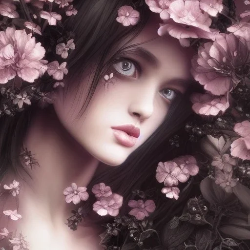 Black flowers and beautiful girl ultra-realistic, highly detailed, masterpiece, delicate detailed, sharp focus, insanely detailed, fantasy art, intricate detailed, elegant, fog, Special Lighting, Vibrant, color Scheme, forest, unreal engine 5, trending on artstation, anime