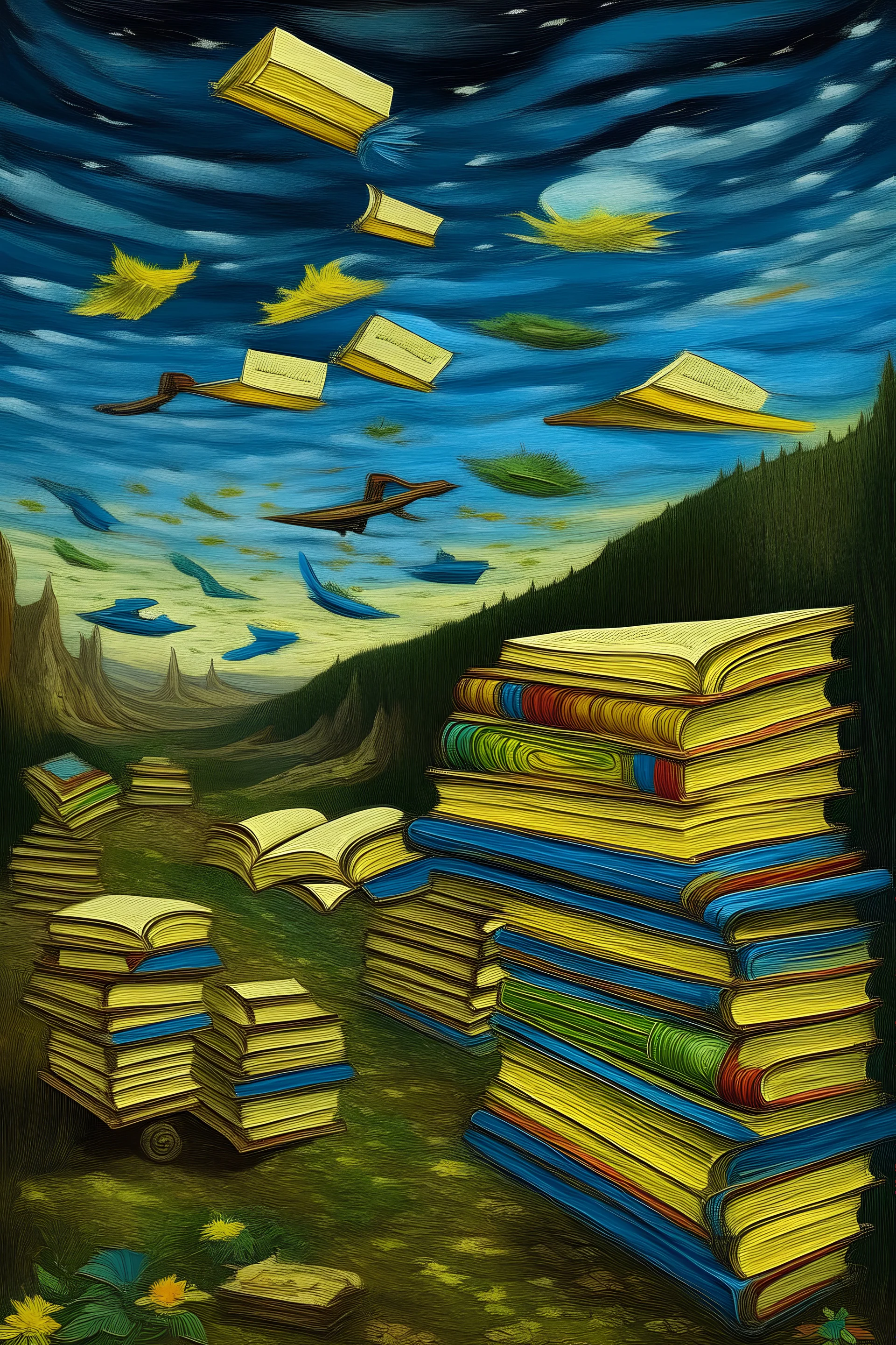 libros que vuela en un paisaje al estilo van gogh