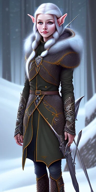 Cute and adorable femal elven adventurer with ultradetailed small elven ears dressed in a warm overcoat with survival gear, with adorable symmetric face and boots Cedric Peyravernay Art, anthropomorphic --ar 2:3 --beta --upbeta --upbeta