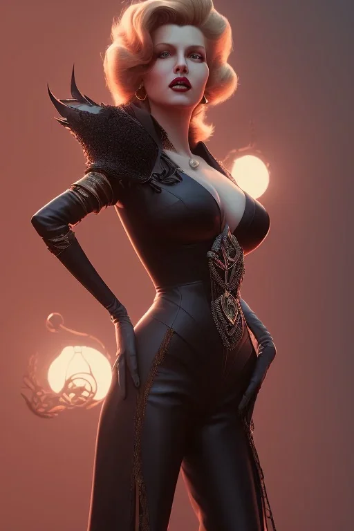 Rita Hayworth as evil queen in black leather, busty, cleavage, curvy, angry, stern look. character design by cory loftis, fenghua zhong, ryohei hase, ismail inceoglu and ruan jia. unreal engine 5, artistic lighting, highly detailed, photorealistic, fantasy