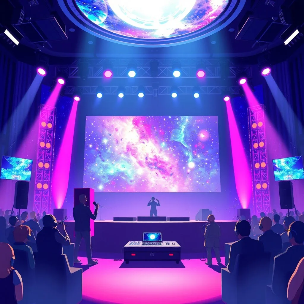 poster for a party with anime music videos galaxy theme dj on stage with big screen