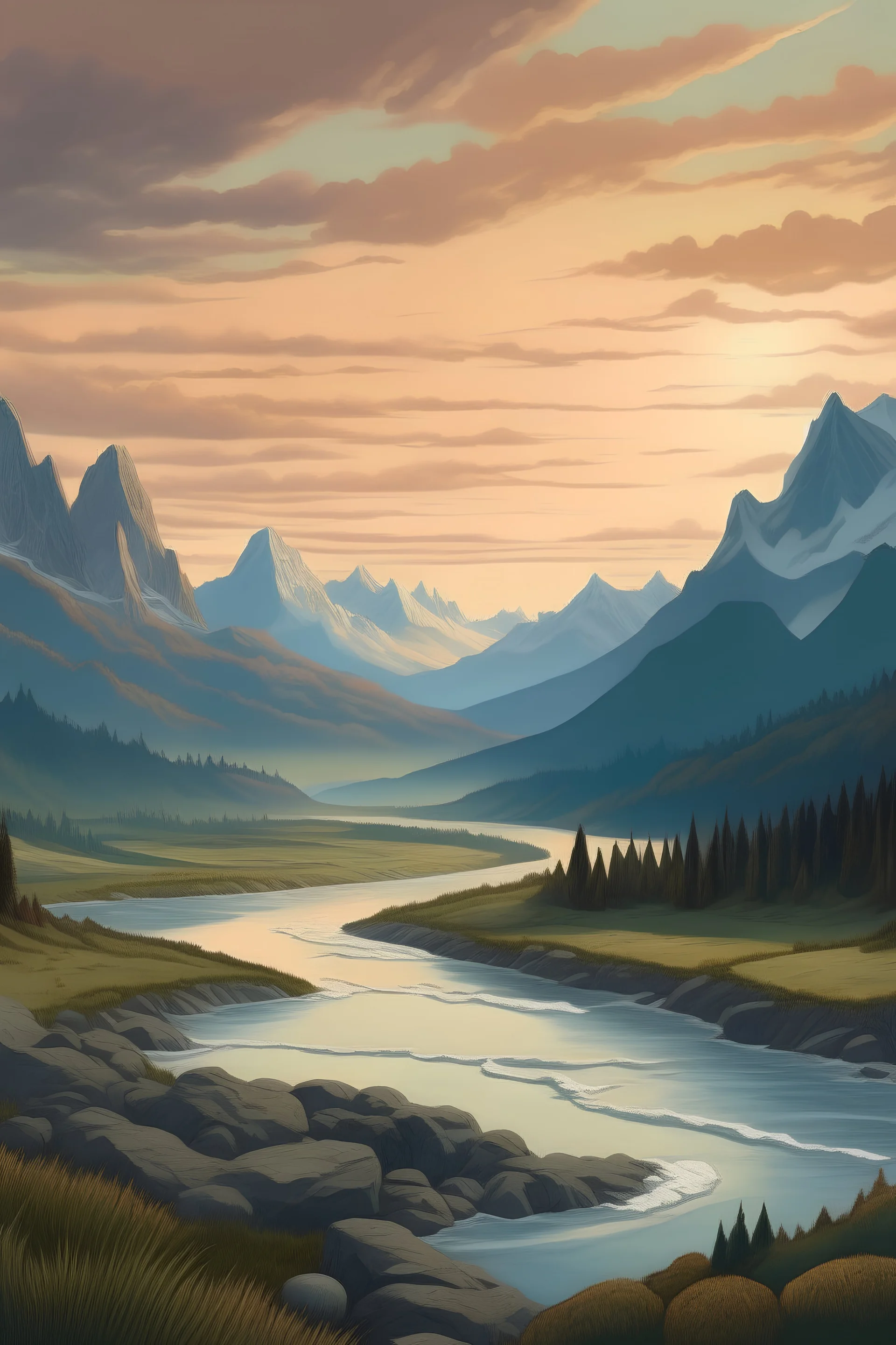 imagen de paisaje de cordillera montañosa,con ríos en un amanecer al estilo de Frida Kahlo