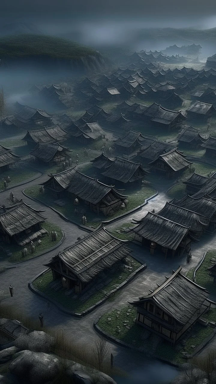 A top view of a village 1200 bc ,surrealism of the dark of a nightmare ten miles high and six foot deep, hyper photorealistic, hyper detailed dark art color, high resolution, fog, octane render, tilt shift, HDRI Environment, all pictures dark gray