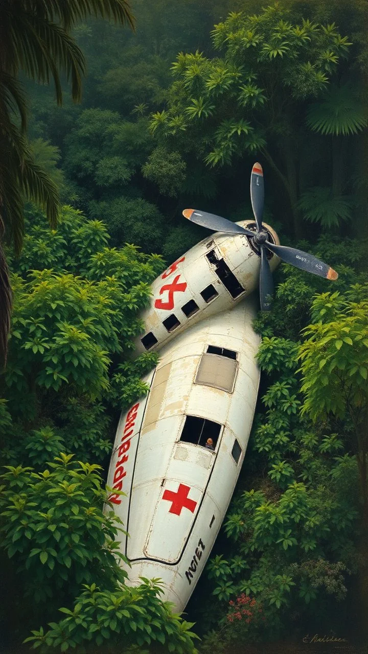 An old airplane crashed in rainforest filled with green bushes painted by Claude Monet