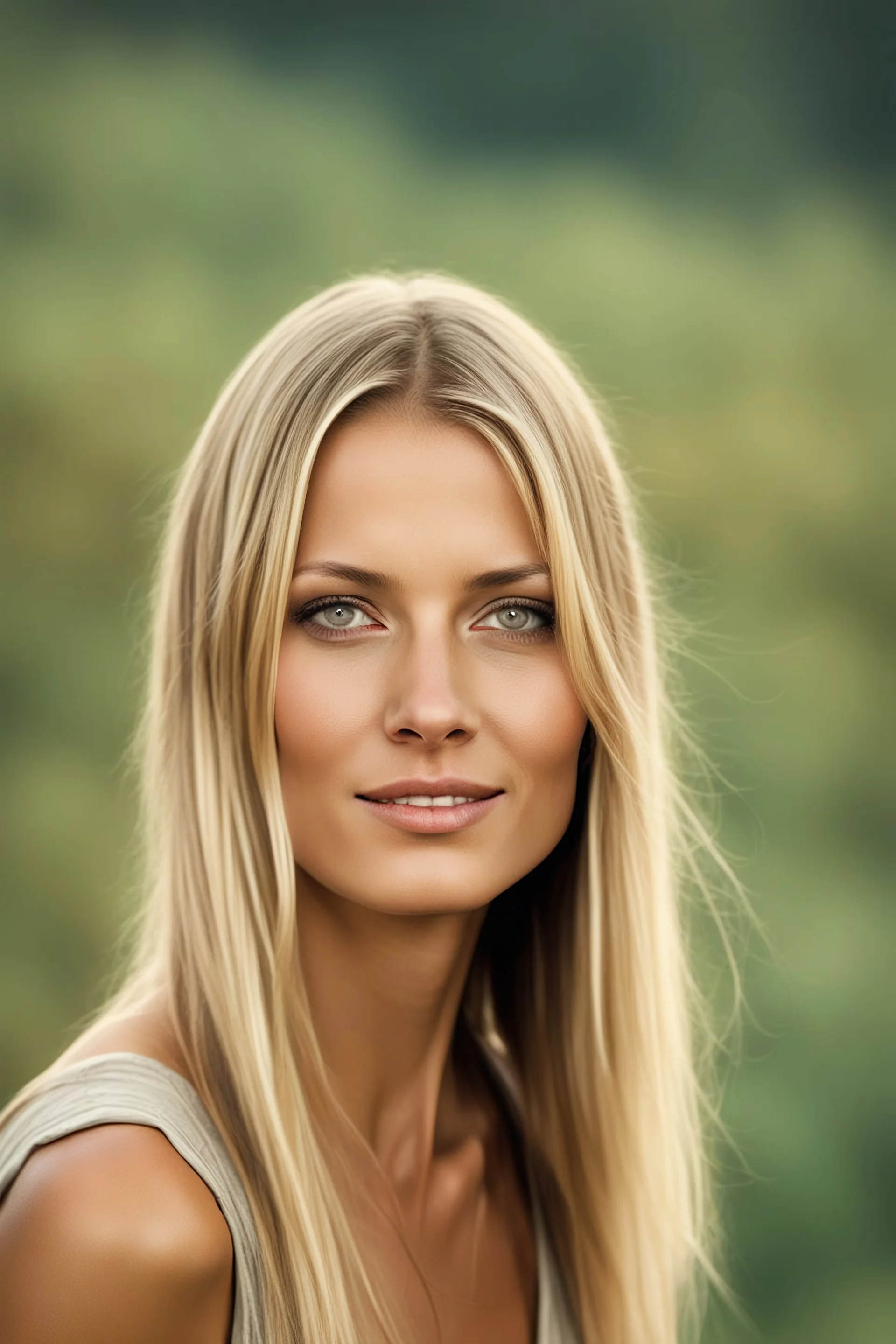 realistic stock photo, Realism engine, General Fast V2 (Flux), Create a realistic image of an 18-year-old Bo Derek with long, straight blonde hair, the bangs cut straight across the forehead, hazel eyes, a plump chest, Professional Photograph in the style of Ansel Adams, 4k, 8k, 16k, 32k. 100k UHD