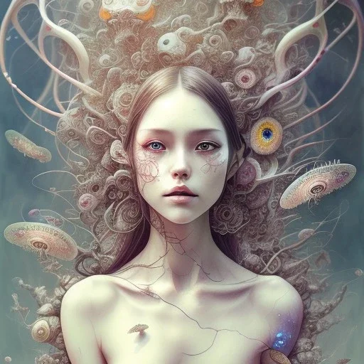 samurai, Girl, full body, squid, intricate detail, leaning pose, watercolor illustration by <agnes cecile> butterflies everywhere, skulls, centipede, insects, nest, octopus, fly, squid, multiple eyes everywhere, Dryad, plants, wildflower,