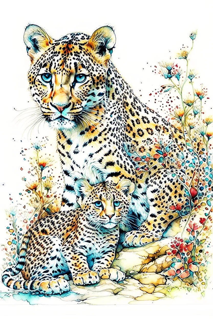 Leopard with cub in watercolour,elegant extremely detailed intricate hyperdetailed vibrant beautiful award winning colourful very cute line art Arthur Rackham Watercolour Tim Burton elaborate Anton Pieck pastel colours Thomas Wells Schaller Watercolour and ink