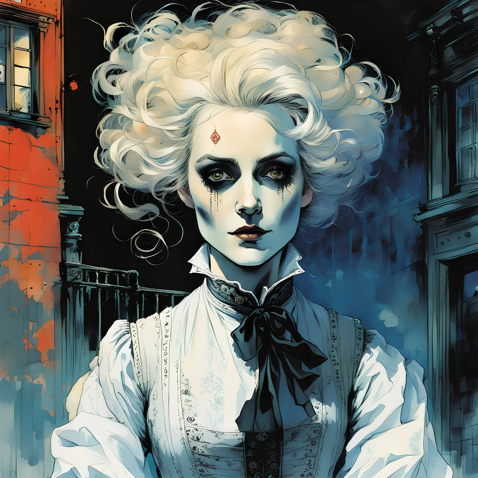 create an imaginative drawing of the pale translucent ghost of an Parisian female fortuneteller, clothed in tattered and ragged, ornate Napoleonic period dress, with finely detailed hair and feminine facial features, imprisoned in the seething shadows of La Bastille Saint-Antoine , in the comic book art style of Bill Sienkiewicz, Mike Mignola, and Jean Giraud Moebius, finely textured, drawn, colored, and inked