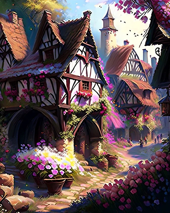 medieval fantasy village with flowers rpg art painterly