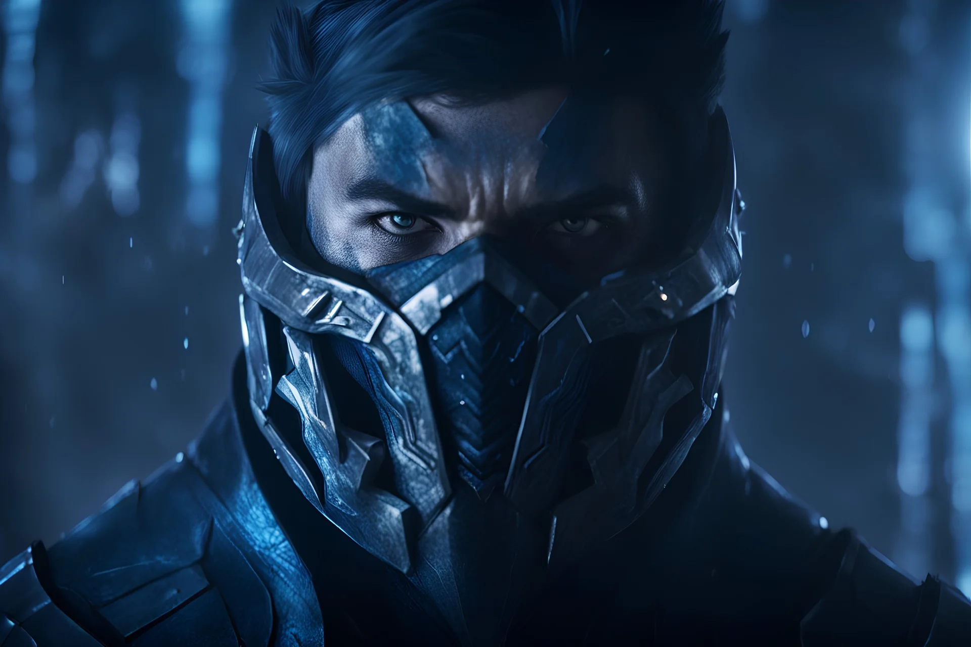 Sub Zero in a mega cool white iron super suit with spikes on his arms and shoulders, hdr, (intricate details, hyperdetailed:1.16), piercing look, cinematic, intense, cinematic composition, cinematic lighting, color grading, focused, (dark background:1.1)