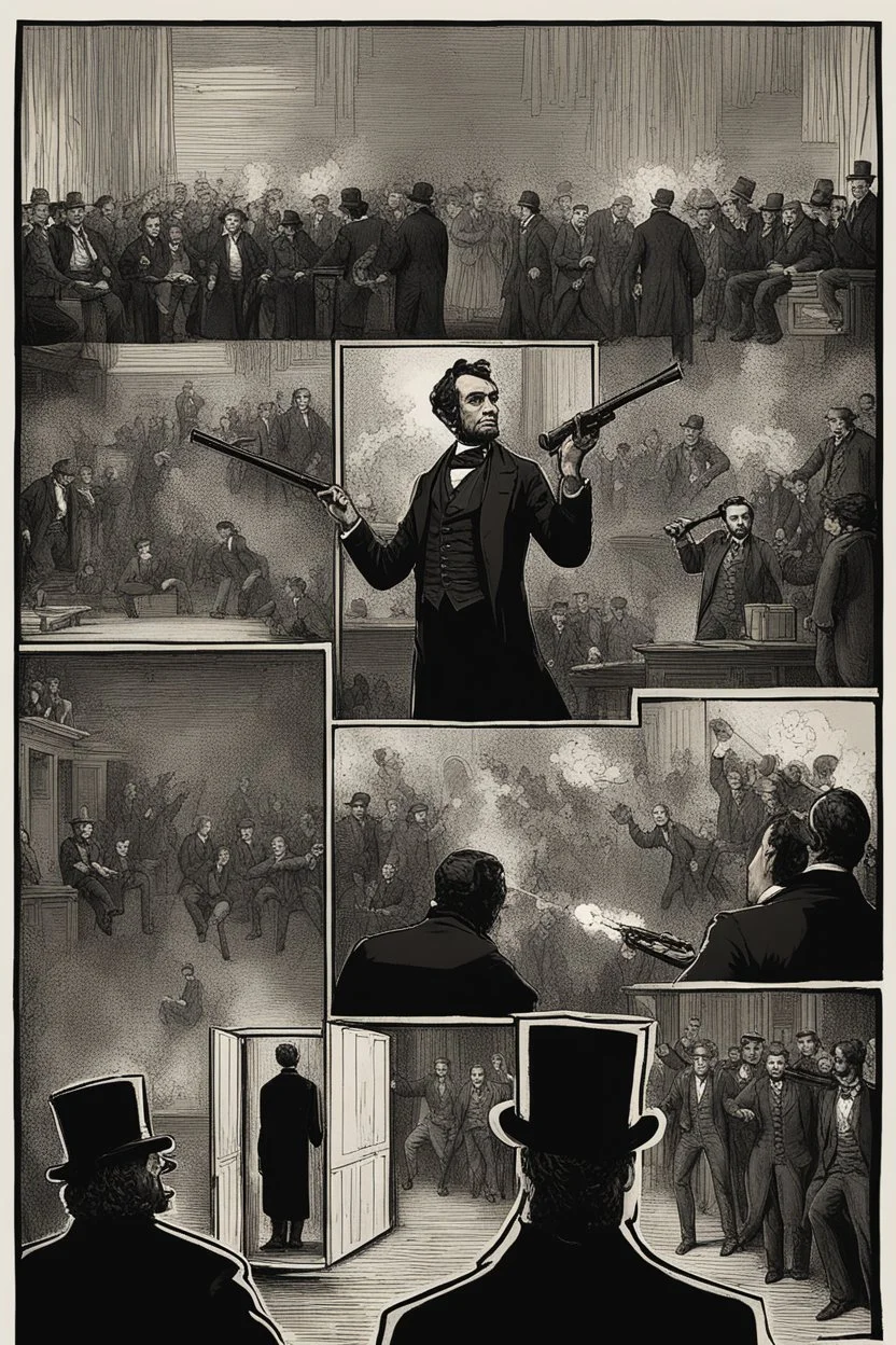 Create a powerful visual representation of the moment Booth fires a single shot into the back of Abraham Lincoln's head. Convey the shock and chaos among the audience as the gunshot reverberates through the theater