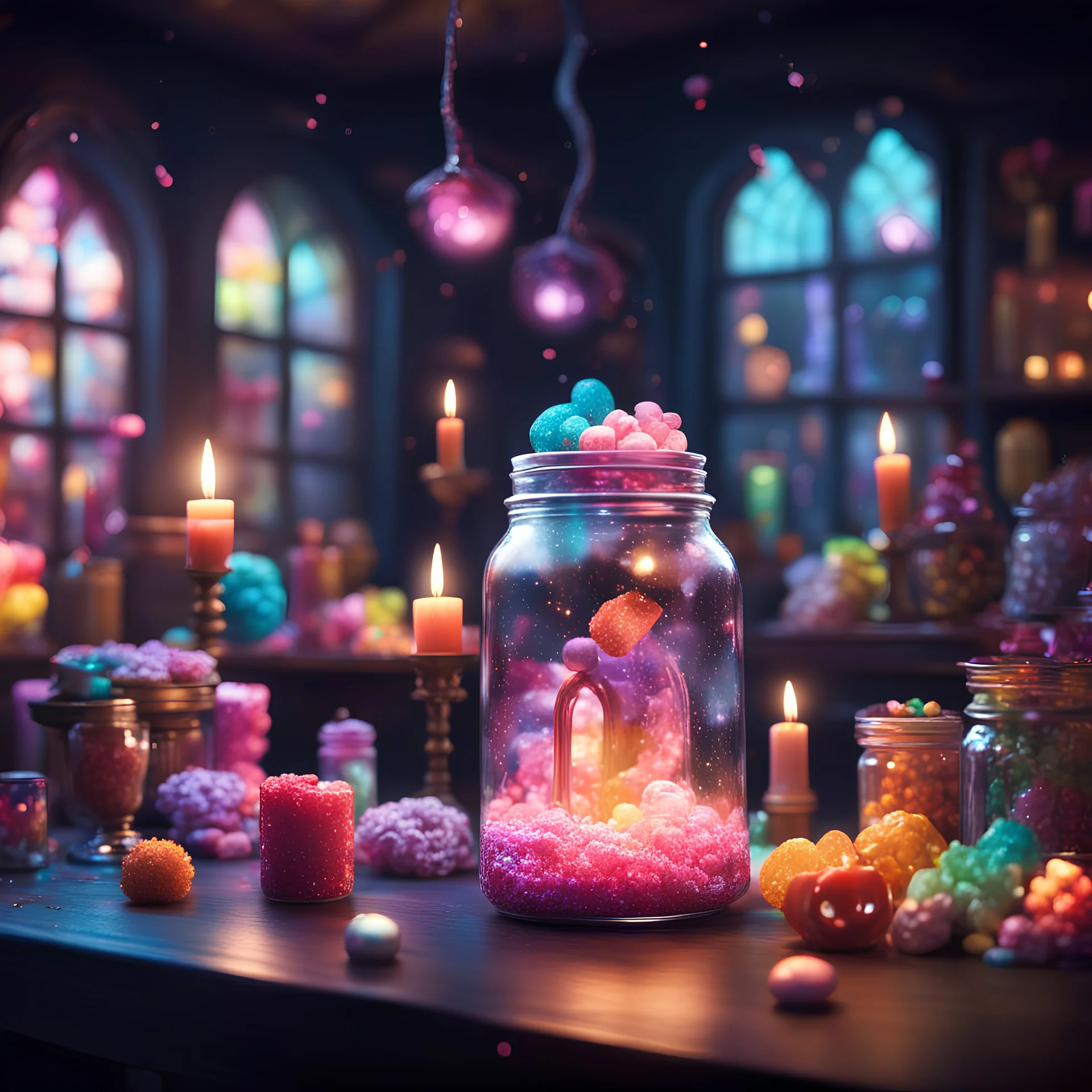 magic shop, magical treats and candy in jars, tiny cute magical creature standing on desk and eat a glowing magic candy, very dark room, candle light, bright vibrant colors, glowing sparkle particles, dark tone, sharp focus, high contrast, 8k resolution, incredible depth, shallow depth of field, dramatic lighting, beautifully intricate details, clean environment, epic dynamic scene