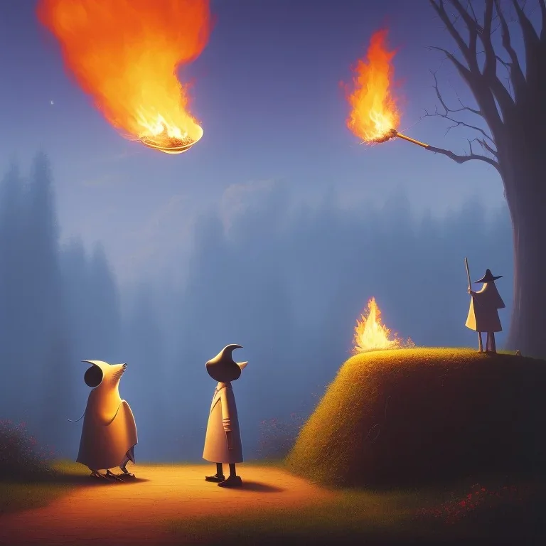 The mouse and the grim reaper on fire world, discussing the future of the universe, art by Pixar and Magritte