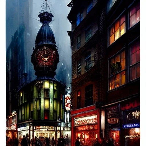 Carnaby street,gothic Metropolis,gothic kabukicho,Gotham city, victorian dark Metropolis,book illustration by Jean Baptiste Monge,Jeremy Mann, Details building cross section, strong lines, high contrast vibrant colors, highly detailed, , exterior illustration