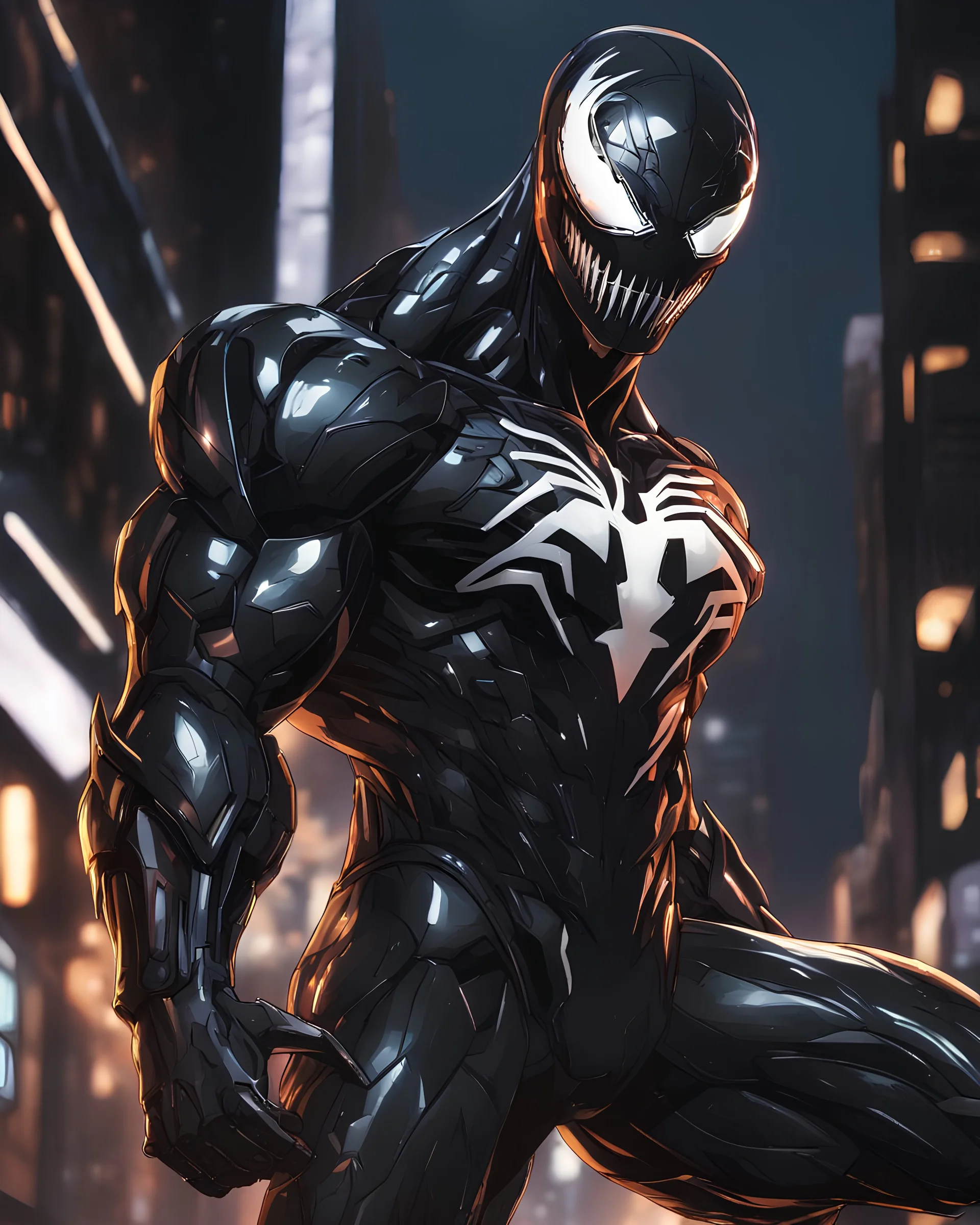 Venom mix with machine in solo leveling shadow artstyle, cyberpunk them, intricate details, highly detailed, high details, detailed portrait, masterpiece,ultra detailed,best quality