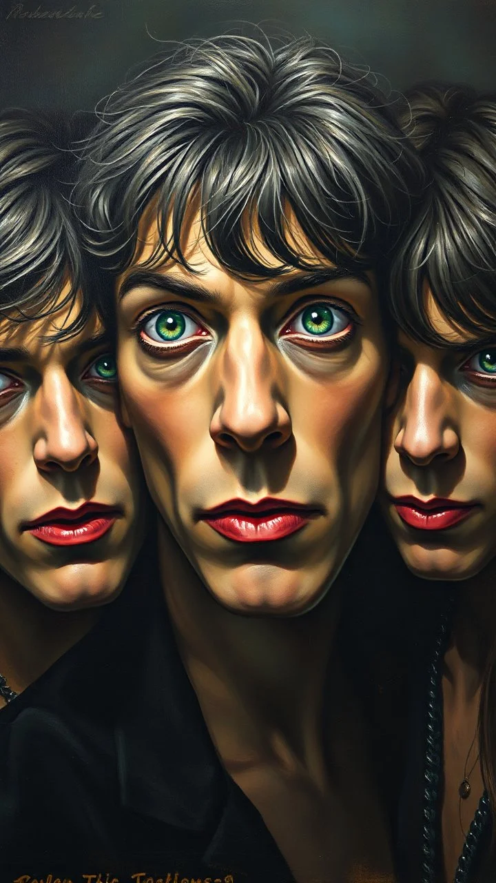 Realistic oil painting of The Rolling Stones musical band with piercing green eyes, by John William Waterhouse, (long shot), dramatic lighting, classical mythology theme.