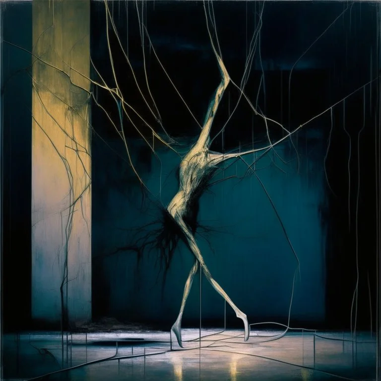 Minimal abstract oil painting of a dancer twisted limbs sinew. Amongst concrete fragments brutalist architecture and hanging wires illuminated at night. In the style of Justin Mortimer and Francis bacon