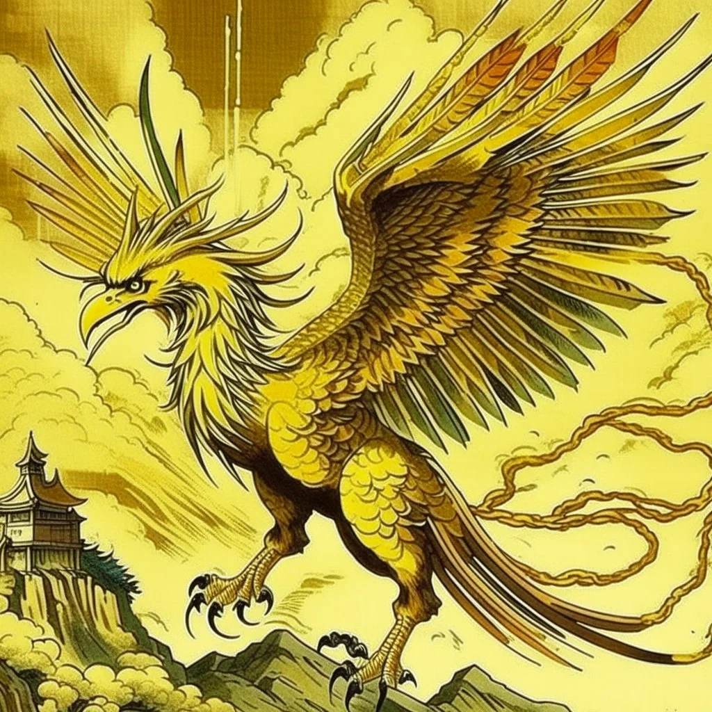 A golden yellow lightning elemental griffin painted by Utagawa Hiroshige