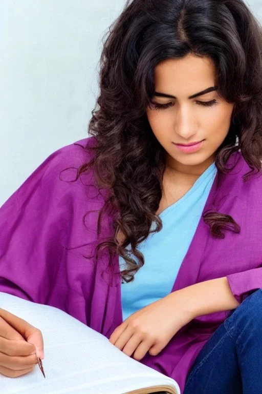 Pencil sketch of Young woman, Arab features,sad, long wavy hair, reading a book, full body، on lined paper