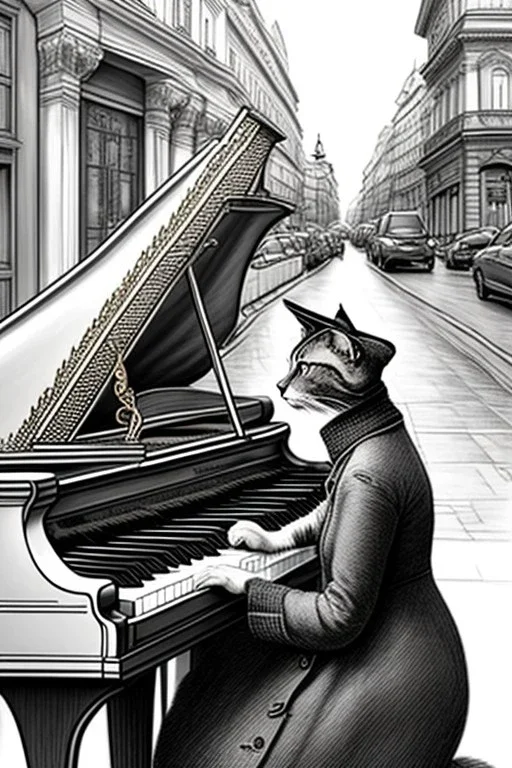 One single mature cat lady playing piano on the street, Vienna, friendly, model style, hyper realistic, extremely accurate, delicate, extremely detailed, Graphic novel style, wide-angle, open aperture, superfine pencil