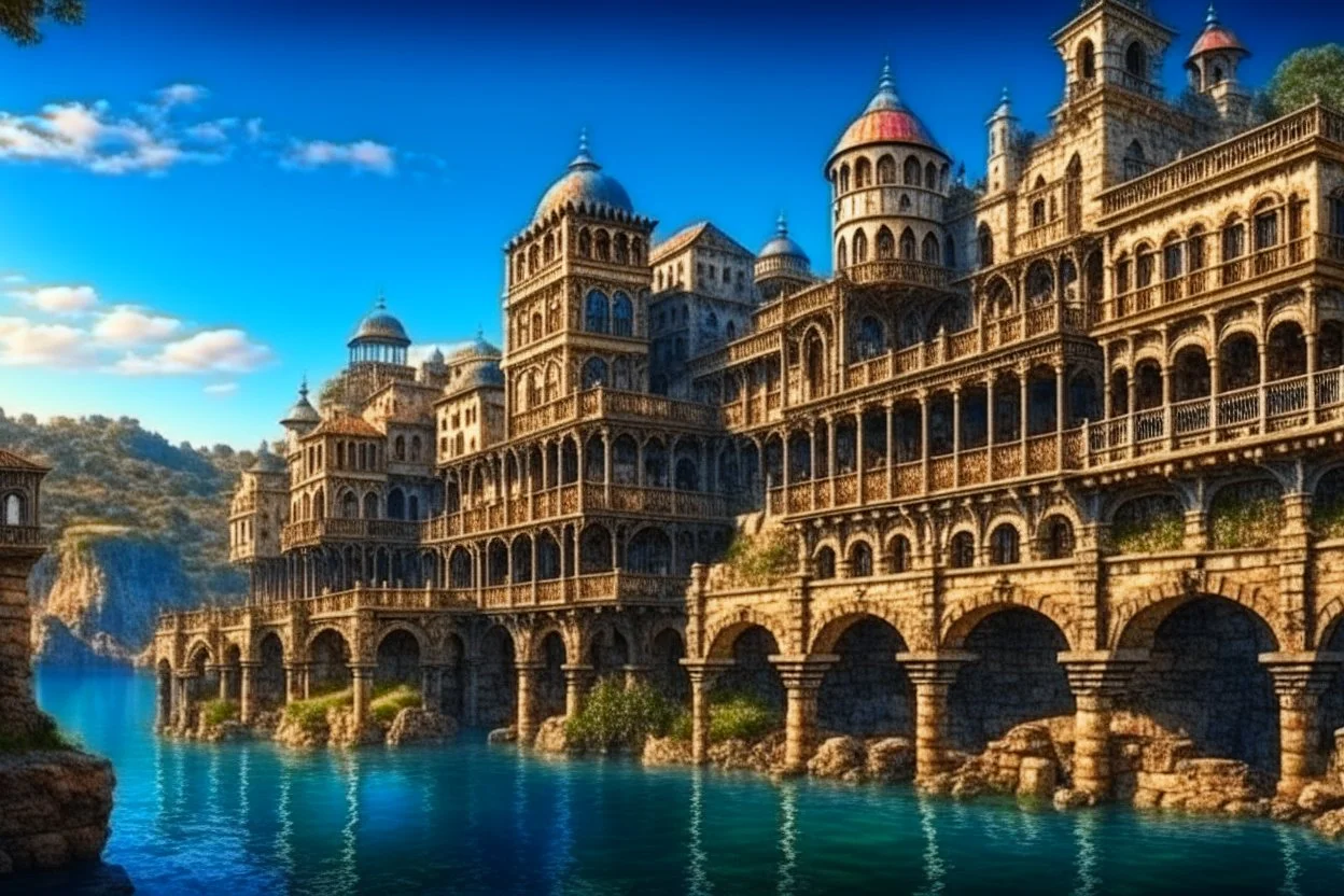 medieval buildings with balconies overhanging lake edge with blue sky and people, photorealism detailed matte painting, deep colour, fantastical, intricate detail, splash screen, concept art