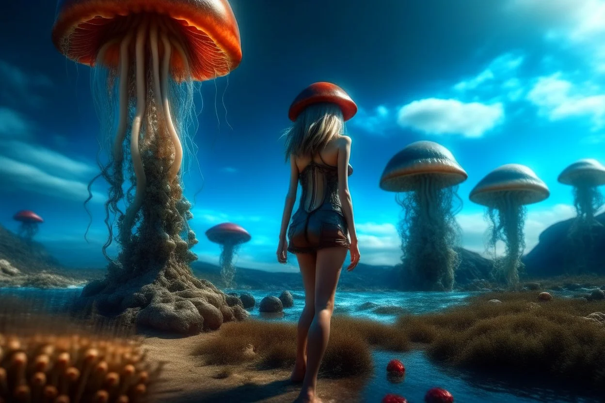 woman in a tight suit, on the shores of an alien world, with mushrooms, with jellyfish tentacles floating in the air, photorealistic, Detailed Matte Painting, Deep Colour, Fantastical, Intricate Detail, sunshine, blue sky