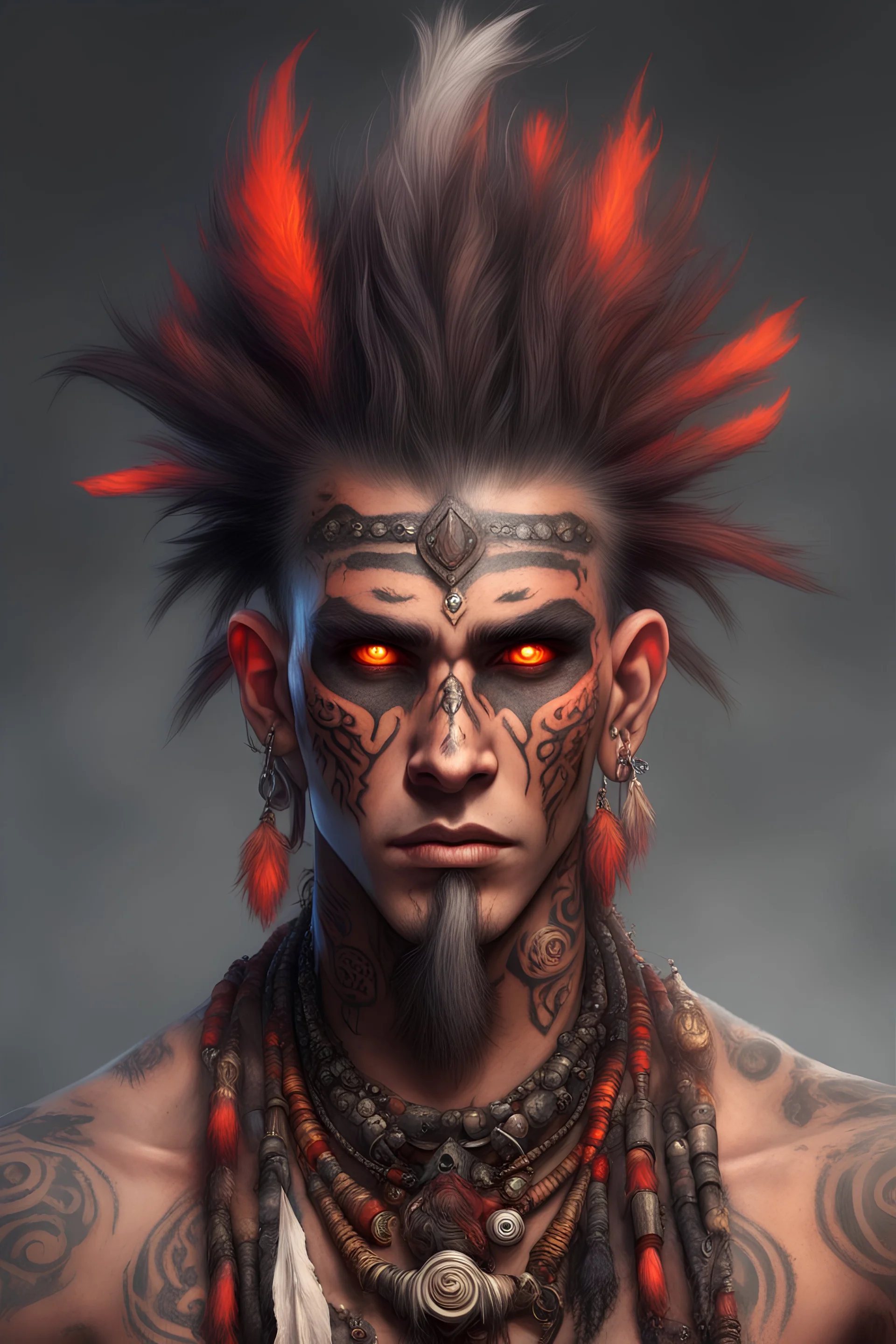 fantasy character, human shaman, male, late twenties, lots of face piercings, ear plugs piercings, face markings, tribal tattoes, short mohawk hair, fire-red eyes, digital art