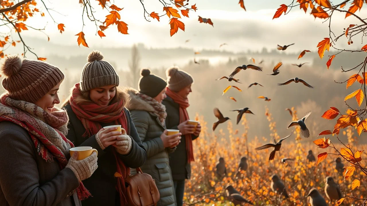 Autumn: falling leaves, Misty mornings, fog over distant fields or forests, sunshine; people wearing scarves, woolly hats, gloves, holding steaming mugs of hot drinks; chestnuts, acorns, berries, rowan, holly; flocks of birds migrating; squirrels gathering nuts; beautiful colours, atmospheric. Award winning photograph.