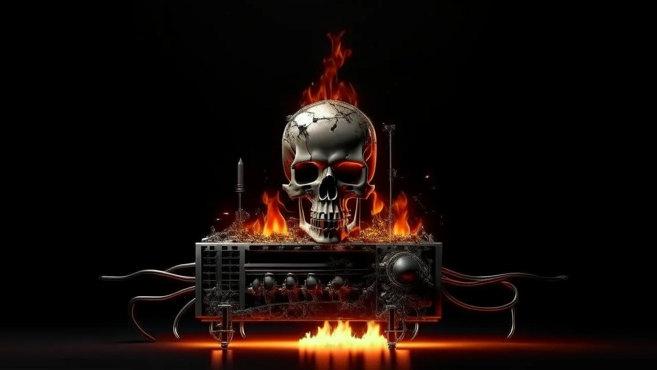 4K. REALISTIC FULL DETAILS. LOGO EMISSION DE RADIO HARDROCK FIRESTARTER TERMINATOR. FLAMMES EN FOND D IMAGE ET STUDIO DE RADIO QUI BRULE