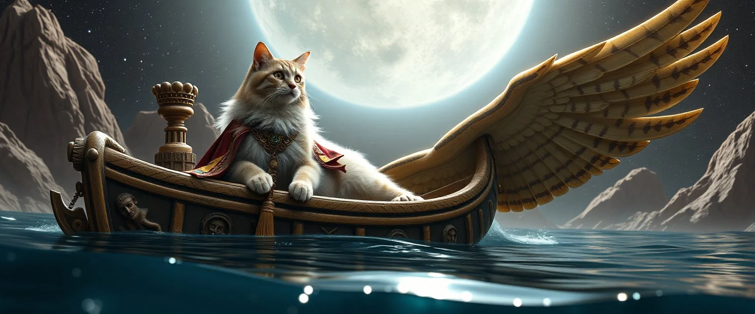 a blonde fluffy quickling egyptian bald cat that looks like the opposite of a vampire in bunad leaning on statue of twister interdimensional sci fi boat gliding through space waters under the biggest owl