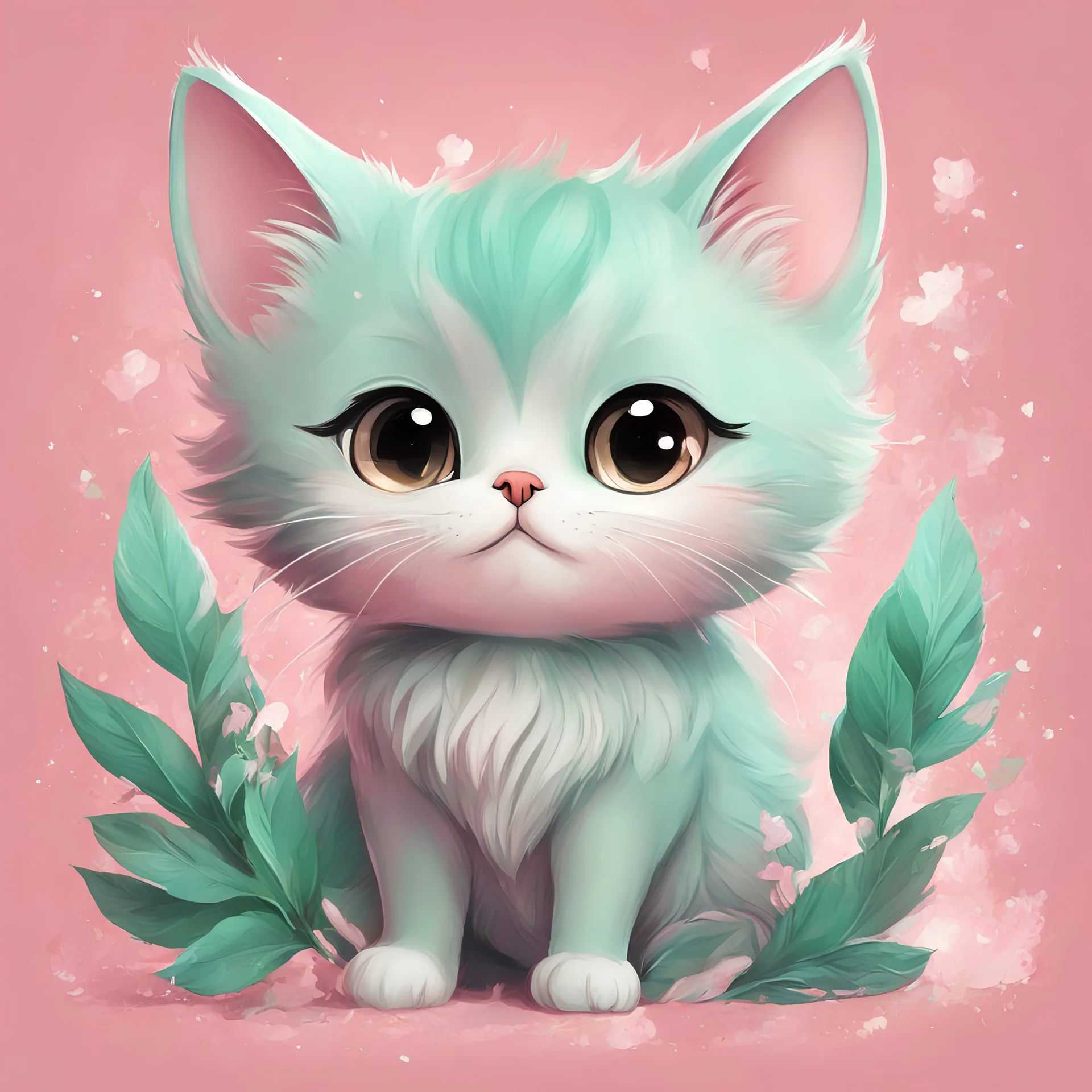 A charming digital art piece showcasing the cuteness of a mint-colored cartoon cat, set against a soft and inviting pink background, (charming digital art:1.4), (cute cartoon cat:1.5), (soft and inviting pink:1.3), (expressive mint hues:1.2), drawing inspiration from the styles of cute and whimsical illustrators, trending on CGSociety, Intricate, Sharp focus, warm lighting, (captivating:1.4), (playful details:1.5), (lush fur details:1.3), Cartoon, Masterful, Captivating, Photorealistic, Ultra-de