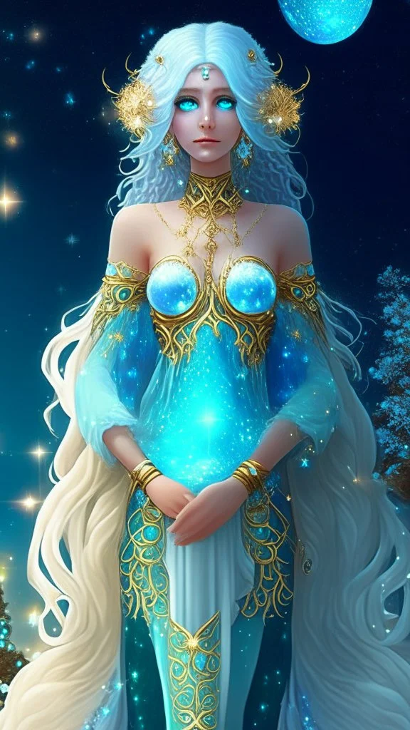 A beautiful girl with glowing starry eyes. And with turquoise hair decorated. And full body. Holds 10 glowing glass beads with a moon inside .girl void. full body Glowing golden eyes and white hair. Standing on a land of water embellished with sapphires and ornate trees. And beautiful buildings. And a sky full of star