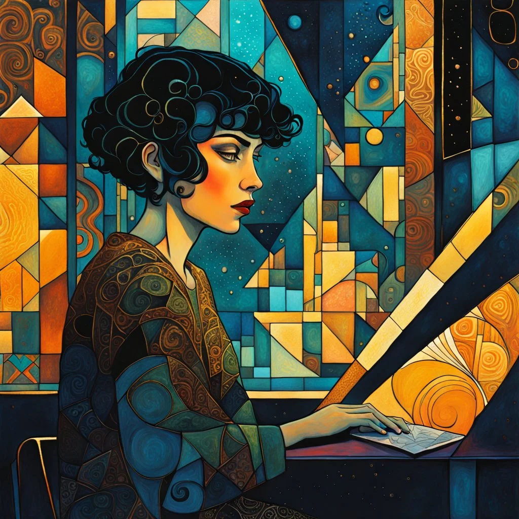 create an abstract cubist, highly ethereal, darkly magical illustration of a deeply sorrowful, girl with short cropped hair, seated at her piano in a smokey nightclub, with highly detailed and deeply cut facial features, in the style of GUSTAV KLIMT, PABLO PICASSO, combined with the comic art style of BILL SIENKIEWICZ and JEAN GIRAUD MOEBIUS, searing lines and forceful strokes, precisely drawn, boldly inked, and darkly colored