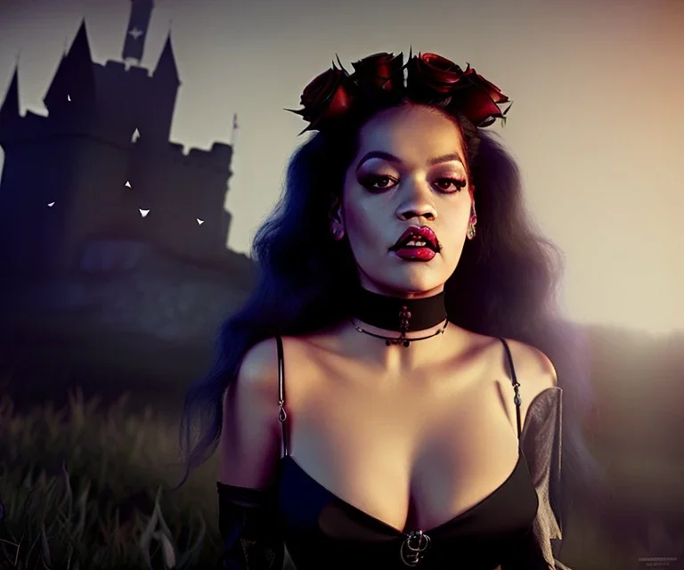 Rita ora, 1800s, vampire, fangs, long curly black hair, choker, black rose, Victorian dress, headdress, castle