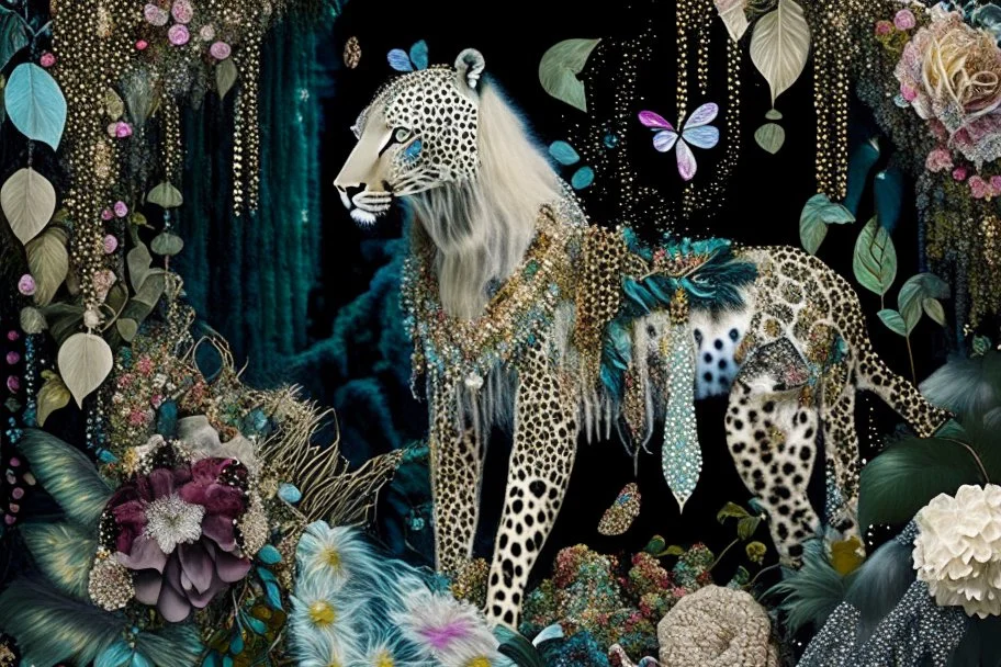 A beautiful fairytale magical composition of a rainforest with a waterfall, a masterpiece, patchwork-like, made of different materials: tulle embroidered with precious stones, lace and real pearls, silk, velvet, burlap, faux fur with leopard print. Unicorn, flowers