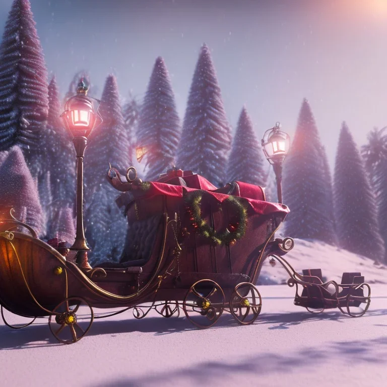 steampunk santa sleigh, 4k, highly detailed, cinematic, ultra photorealistic, ultra realistic, volumetric lighting, snow, christmas lights