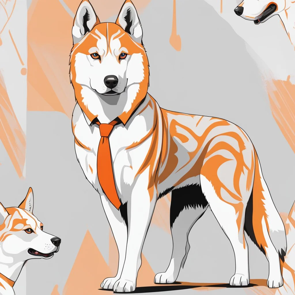 Impresionante perro Husky siberiano humanoide de arte lineal, traje , corbata, cuerpo completo, colores blanco y anaranjado, calidad ultra, 8k