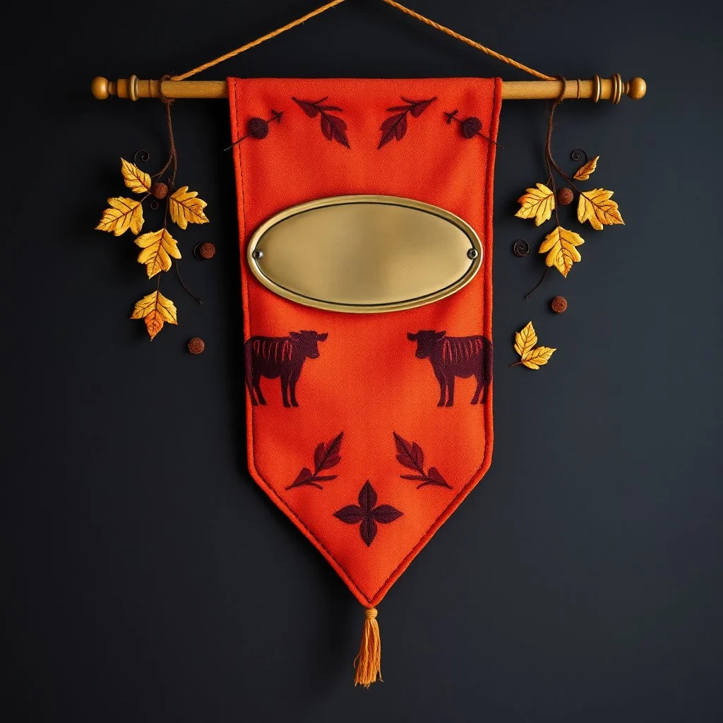 an autumn colored textured cloth banner hanging with embroidered ornamental leaves and cows, small blank oval brass engraving plate in upper middle, banner is downward pointed bottom, on dark background, western style