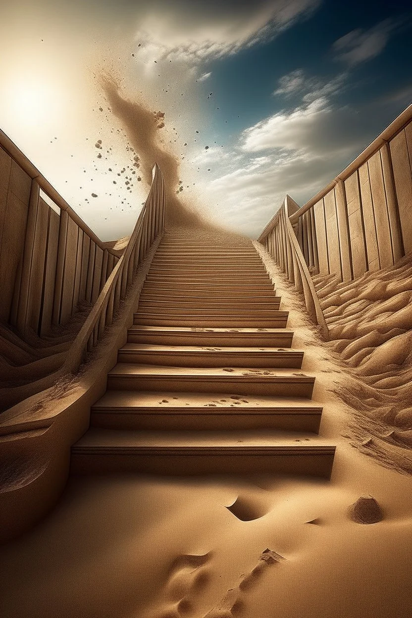 sand is crumbling from behind, walking down a long open staircase that goes into the sky, sand is flying, surrealism, stardust, fantastic, fantasy, hyper realism, realistic, 4000 k, iso 4064, hdr, 5 d, hyper detail, photorealistic painting, aesthetically pleasing, beautiful, professional photo, bright lighting, soft lighting, neon lighting, careful drawing down to small details, bright sparks, golden sand glows, ultrahd