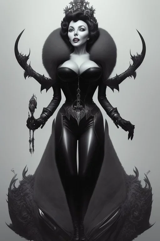 Joan Collins as evil queen in black leather, leather, busty, cleavage, angry, stern look. character design by cory loftis, fenghua zhong, ryohei hase, ismail inceoglu and ruan jia. unreal engine 5, artistic lighting, highly detailed, photorealistic, fantasy