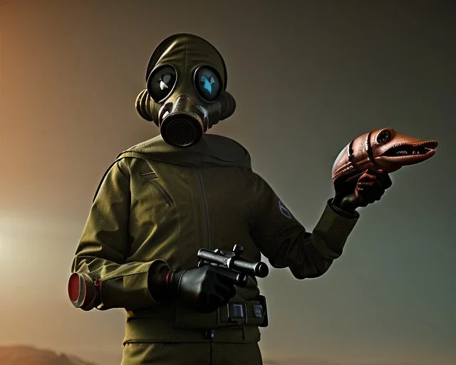 Alien, gas mask, holding gun, hands, Mars, metal, hammerhead, nazi