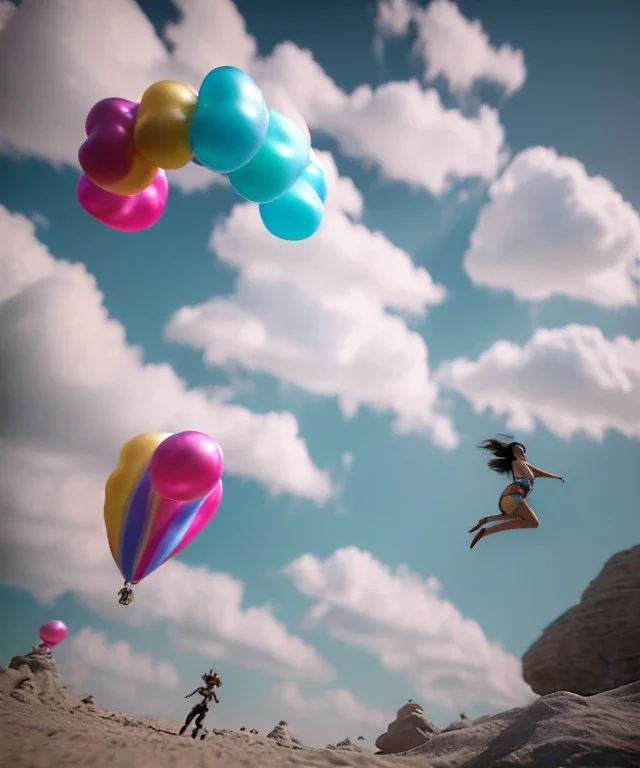 Ultra realistic speed clouds sky scene, wide angle view, sweet women falling down, inflatable color clothing, free jumping flying, many trinkets, hair monster, many jelly beans, balls, color smoke, smile, happy, circus style, extreme, wind, clouds sea, 20,000 feet altitude, stratosphere, soft color, highly detailed, unreal engine 5, ray tracing, RTX, lumen lighting, ultra detail, volumetric lighting, 3d, finely drawn, high definition, high resolution.