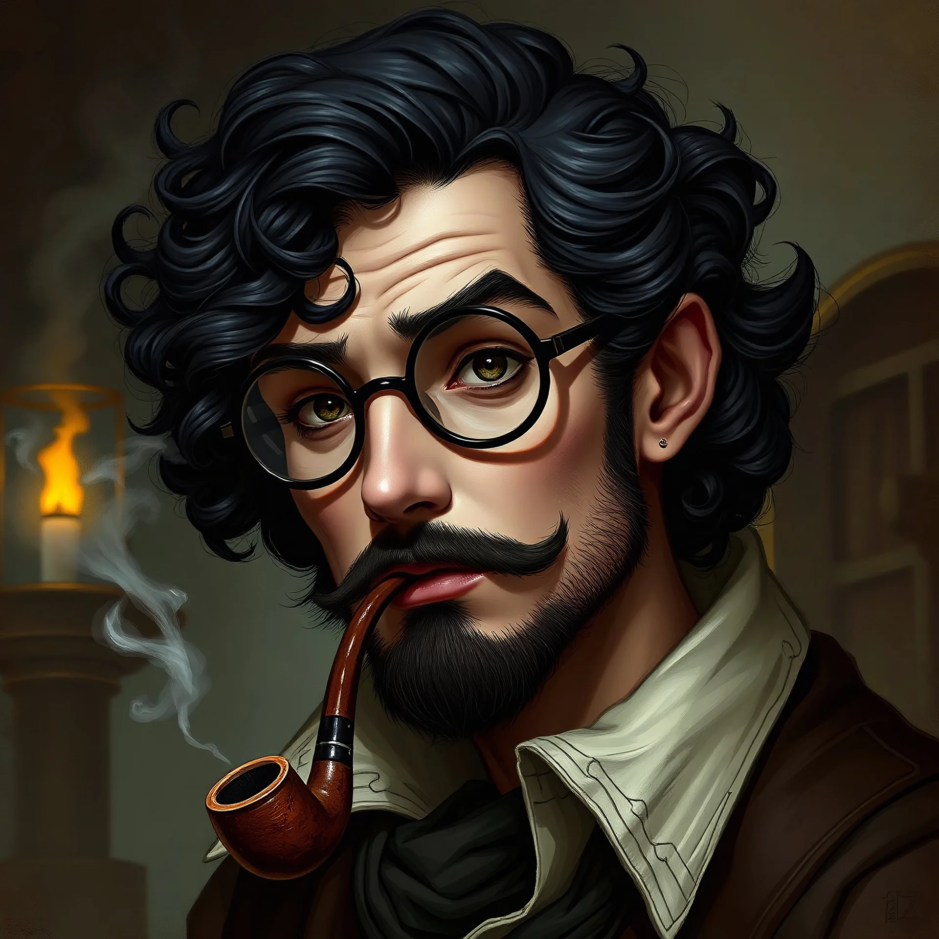 dnd, portrait of human with round glasses, curly black hair, male, alchemist, artificer, smoking pipe