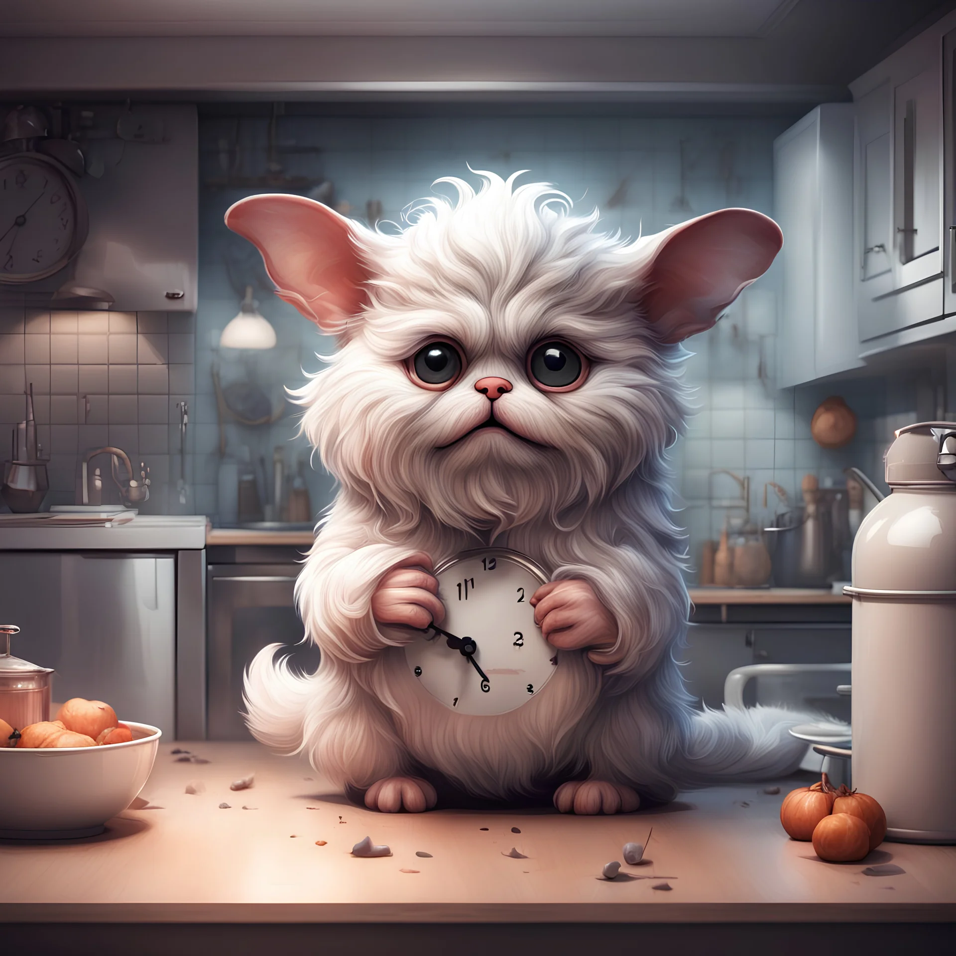 cute fluffy Mythical mogwai in kitchen, clock on wall shows 12am midnight, stunning ink illustration, 3d octane render, fantasy art,