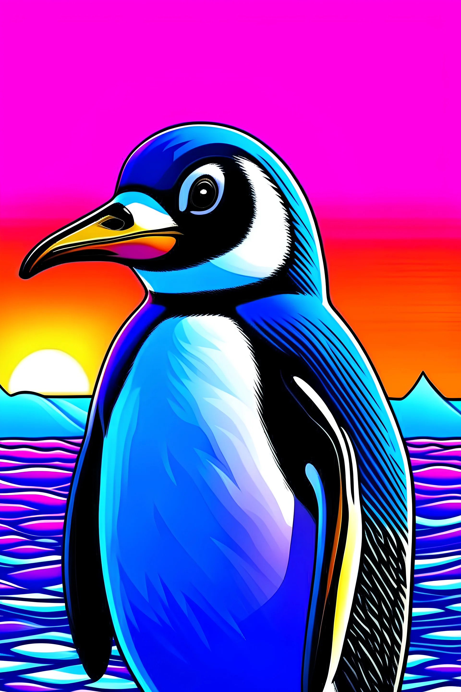 blue purple and white penguin looking towards the left front view background is a sunset matching the colours of the penguin cartoon/clipart more cartoon cuter make the black outline more bold