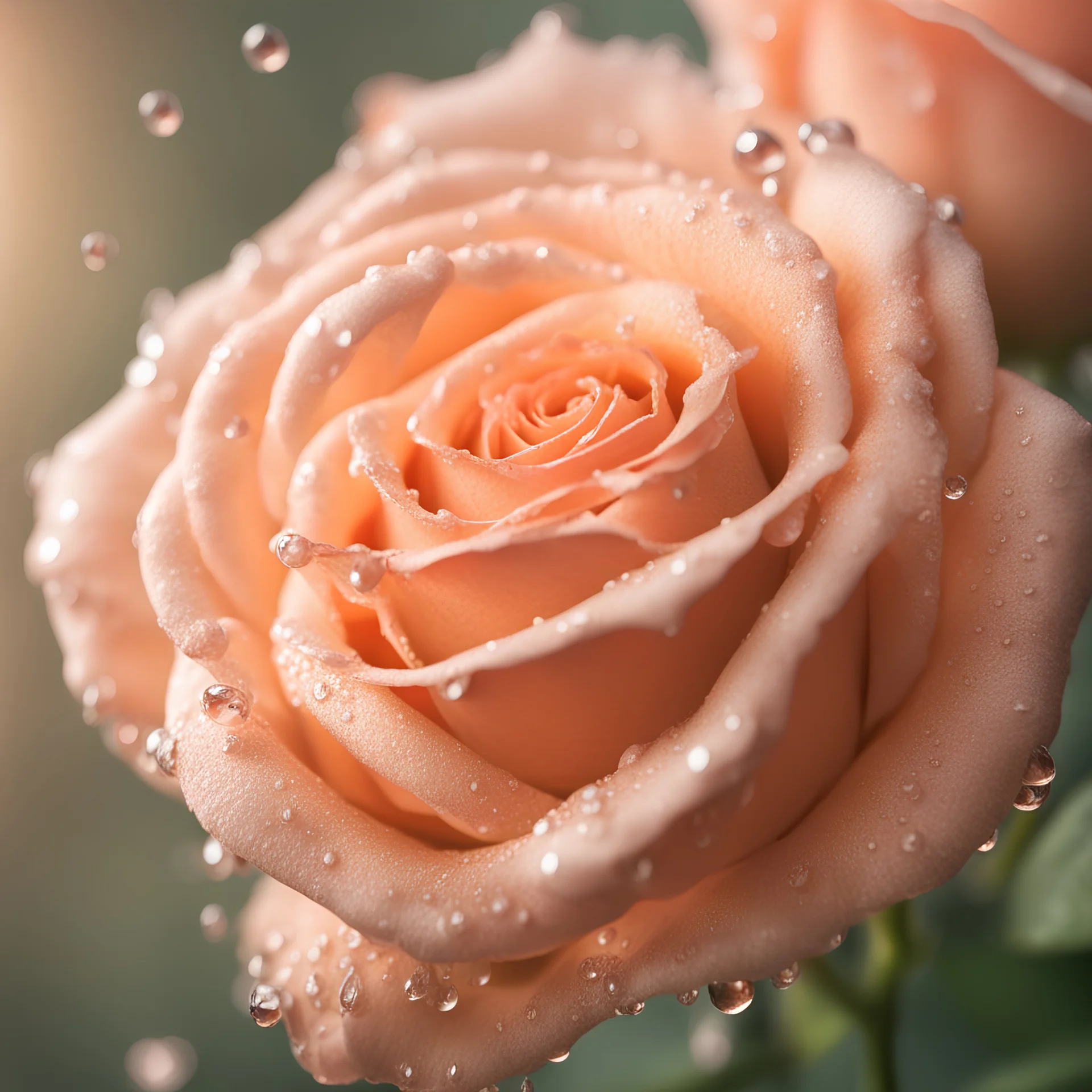 Peach rose and drops, close-up, side lighting, blurred background